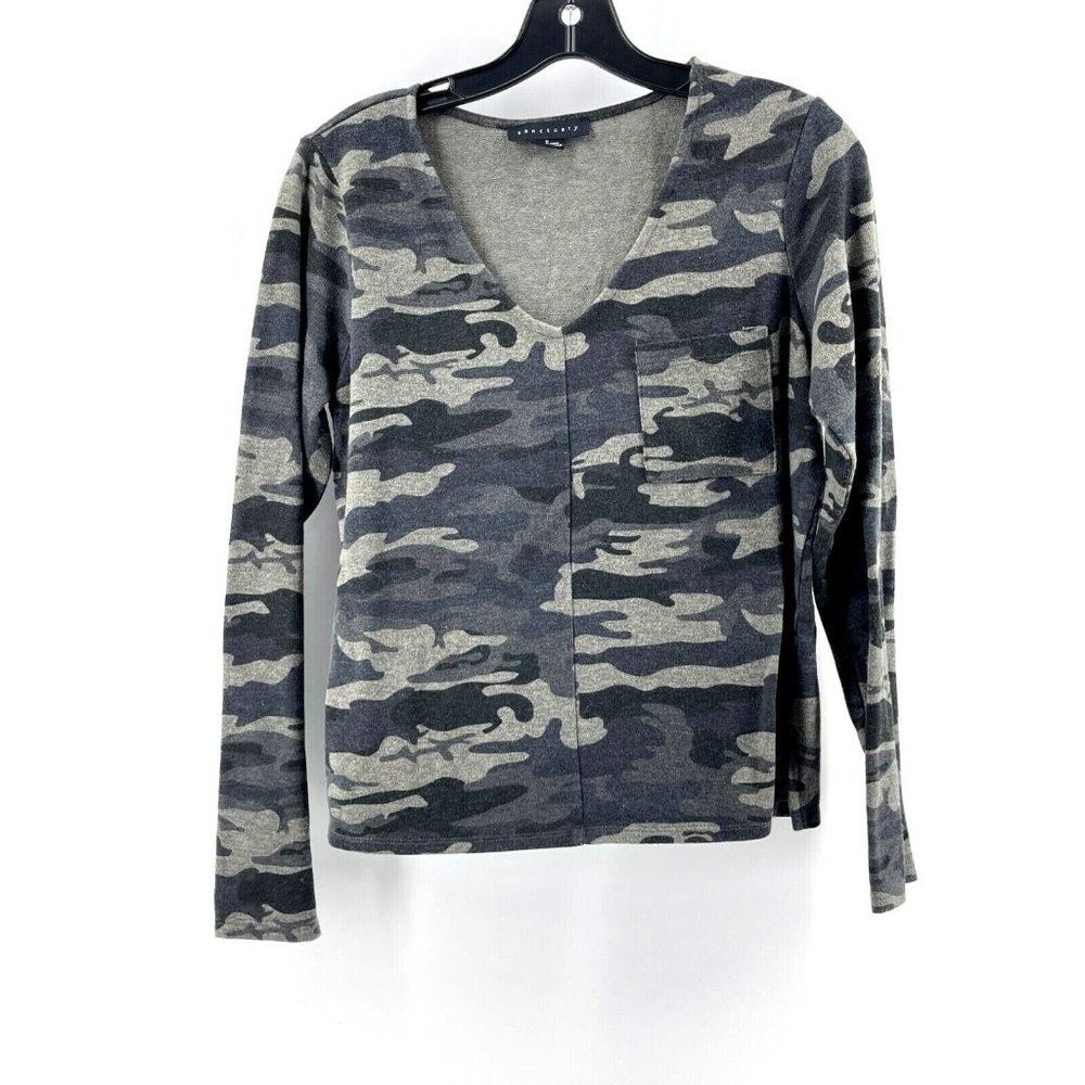 Sanctuary Women's Gray Camo Pullover V Neck Pocket Sweatshirt Long Sleeve Size S